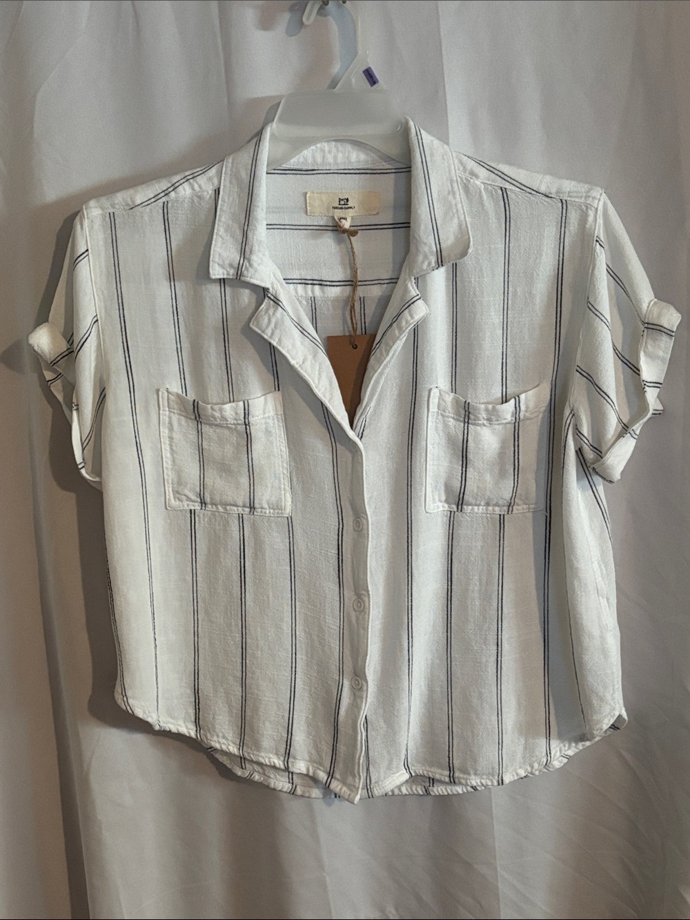 Thread & Supply Women’s White Button-Down Top with Navy Stripes